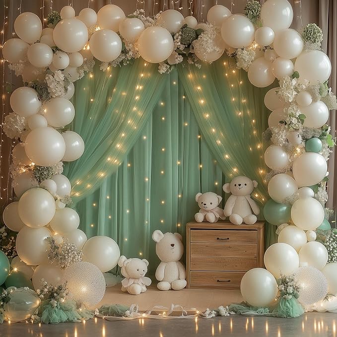 Fomcet Tulle Curtains with Lights String Green 10FT X 10FT Sheer Backdrop Curtains for Parties Wedding Baby Shower Photo Shoot Decorations (2 Panels 5x10FT)