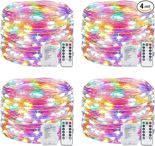 4 Pack Fairy Lights Battery Operated with Remote, Each 39Ft 120LED Battery Powered String Lights with Timer, 8 Modes Waterproof Twinkle Christmas Lights for Bedroom Party Indoor Mason, Multicolor