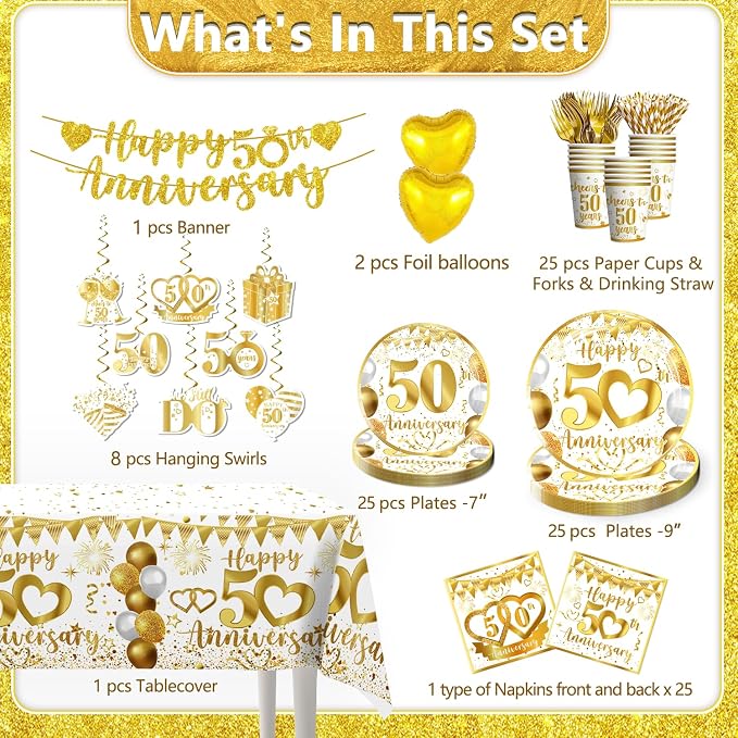 cocomigo 162pc 50th Anniversary Decorations - Tableware Set with Plates, Napkins, Banner, Tablecloth, Balloons - Serves 25