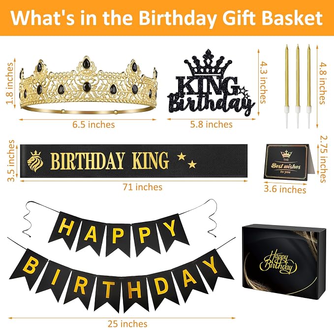 Birthday Gifts for Men, Birthday Decorations for Men, Party Decor Supplies including King Crown & Sash & Banner & Cake Topper & Candles