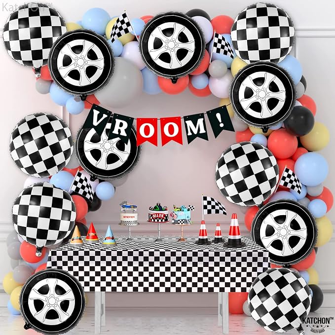 KatchOn, Huge Tire Balloons and Checkered Balloons - 18 Inch, Pack of 12 | Two Fast Two Curious Birthday Decorations | Tire Balloon, Two Fast Birthday Decorations | Race Car Birthday Party Decorations