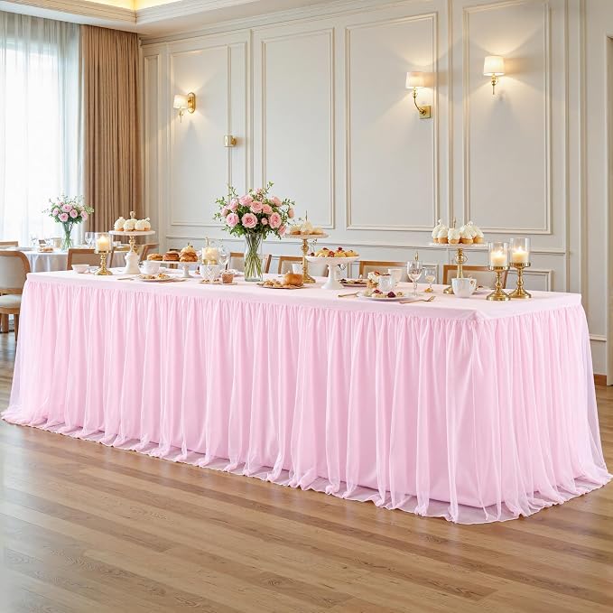 2 Pack Pink Tablecloths for 8 Foot Rectangle Tables with Tulle Table Skirt Wedding Table Cover Stretchy Fitted Ruffle Tutu Tablecloth for Baby Shower Reception Birthday Parties Celebration Banquet