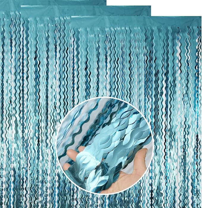 Goer Metallic Tinsel Foil Fringe Curtains for Party Photo Backdrop Wedding Decor (3 Pcs,Wavy Light Blue)