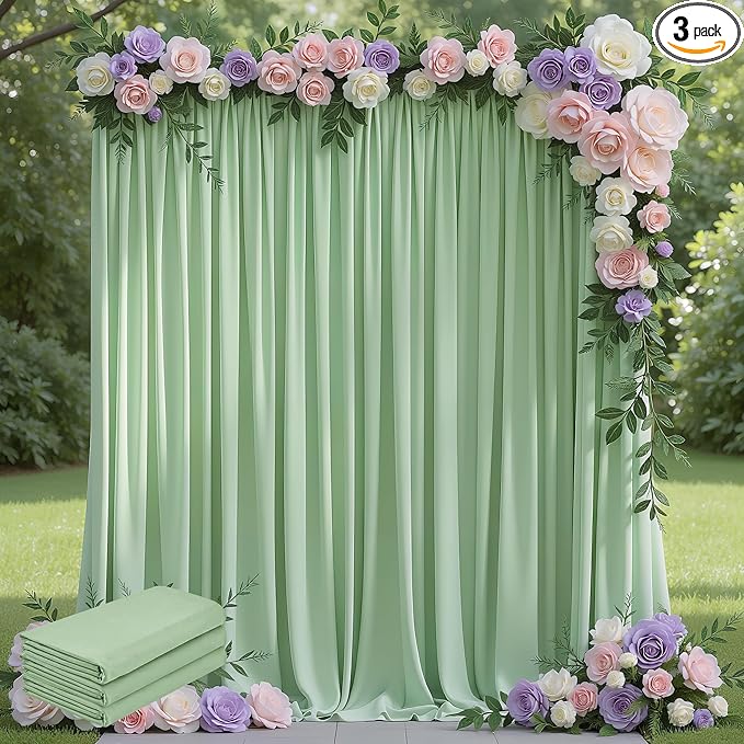 Wokceer Sage Green Backdrop Curtain for Wedding Parties 3 Pack 10x8FT Wedding Curtains Photo Backdrop Drapes Polyester for Photoshoot Baby Shower Birthday Party Curtains Background 6 Panels 5x8FT
