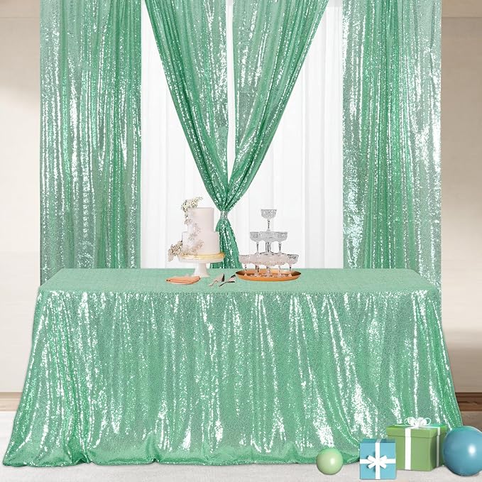 Poise3EHome Mint Green Sequin Tablecloth 90×132 Inch Rectangle Sparkly Fabric Table Cloth for Birthday Wedding Party Holiday Baby Shower Decoration