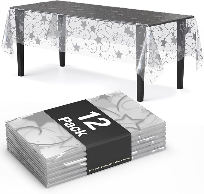 Exquisite Clear Silver Star Tablecloth Plastic 12-Pack Disposable Rectangle Tablecloths 54" x 108" Silver Star Table Cloths Rectangle Table Covers Plastic Tablecloth for Party Decorations