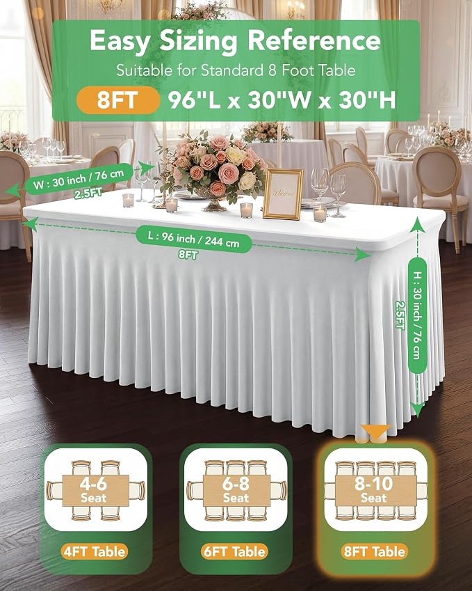 4 Pack Spandex Table Cover Skirts for 8ft Rectangle Tables, White Stretch Table Cloths with Floor-Length Ruffle, Elastic Fitted Skirted Tablecloth for Elegant Wedding Banquet Party Buffet Decoration