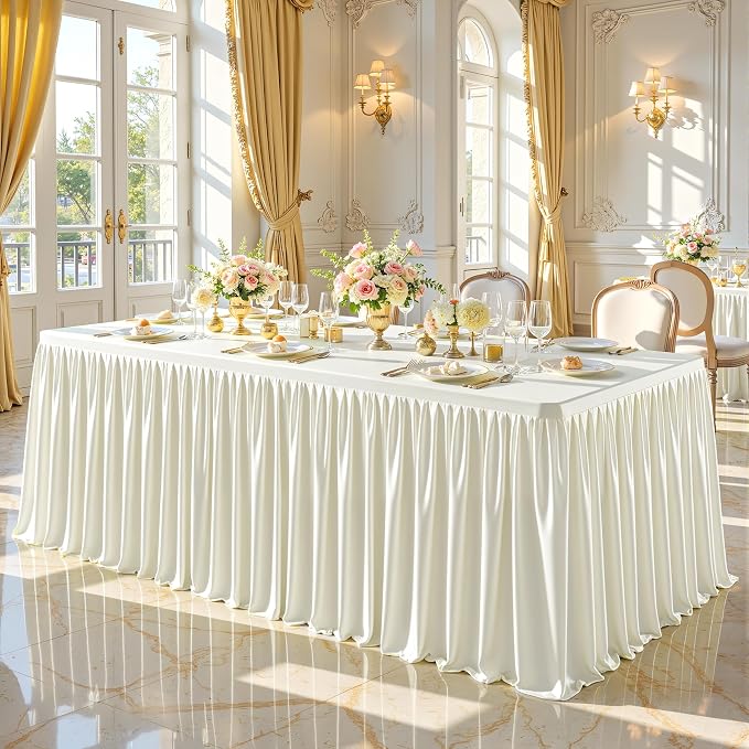 PARTISKY 1 Pack Ivory Tablecloths for Rectangle Tables 4ft, Wrinkle Resistant Spandex Table Cover Fitted Stretch Table Cloth with Pleated Ruffle Skirts for Party Banquet Dining Birthday Wedding