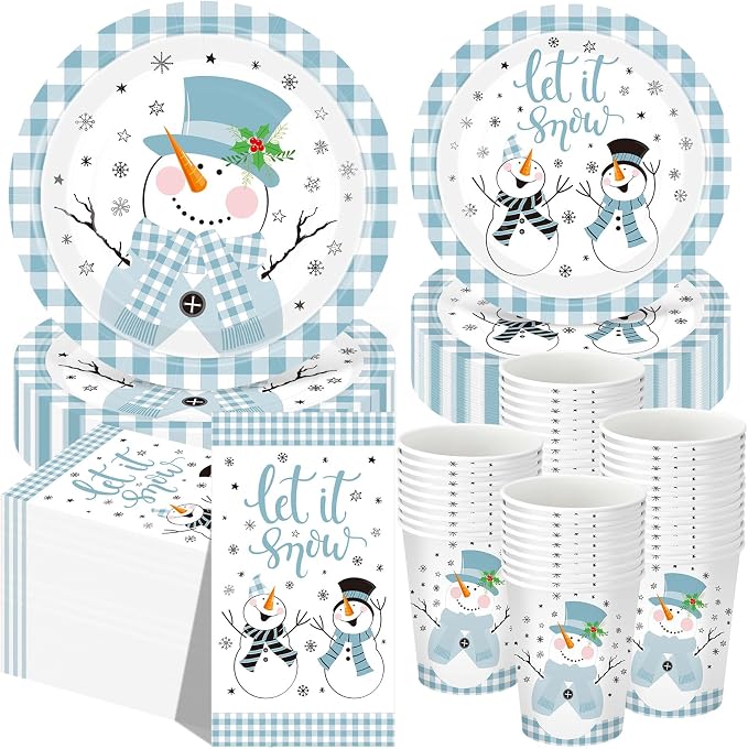 Funnymoom 250 Pcs Winter Snowman Paper Plates and Napkins Party Supplies Blue White Buffalo Plaid Winter Disposable Tableware Set for Christmas Holiday Party Decoration