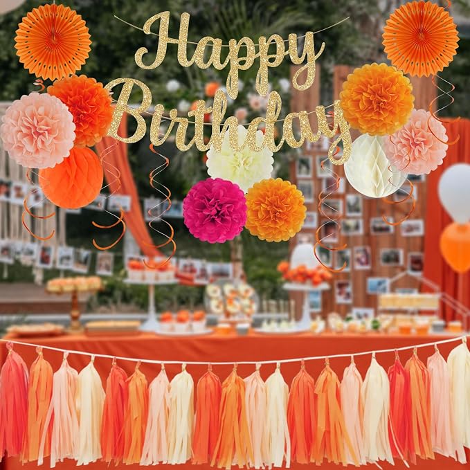 Envibe Orange Birthday Decorations, Tissue Paper Pom Poms with Happy Birthday Banner, Boho Tissue Fans Streamers Paper Lantern, 38 Pcs Fall Party Decoration.