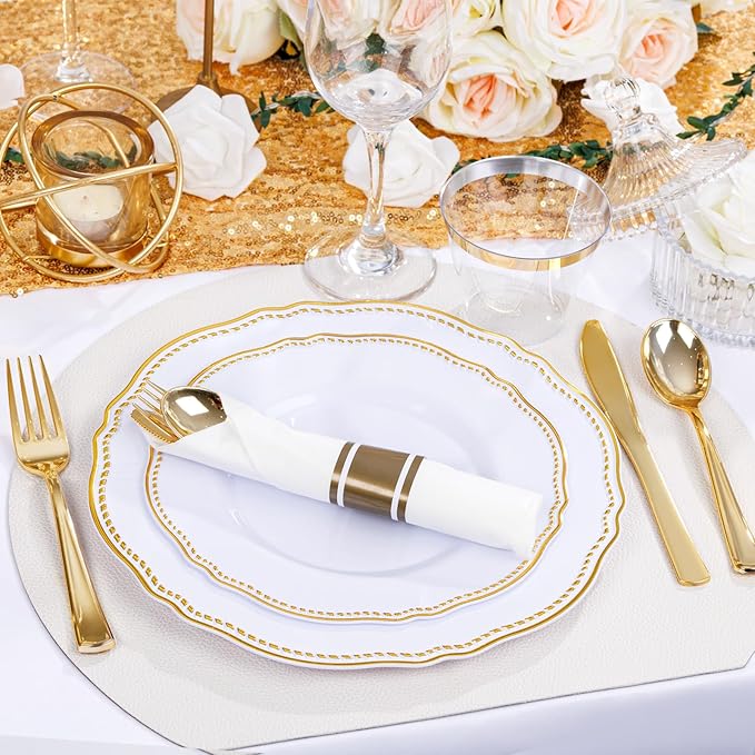 Hioasis 175pcs White and Gold Plastic Plates - Gold Plastic Dinnerware Set Includes 25 Dinner Plates, 25 Dessert Dinnerware, 25 Cups, 25 Rolled Napkin Cutlery Perfect for Wedding & Party