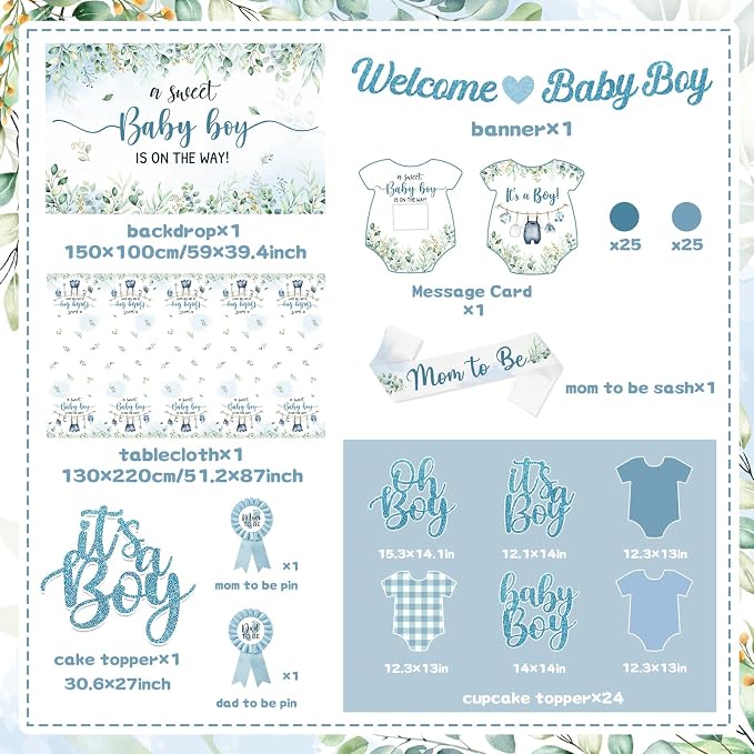 Blue and Sage Green Baby Boy Shower Decorations, All-in-1 Boho Baby Shower Decorations Boy with Balloon Arch Boy Boxes Plates Napkins Cake Toppers Tablecloth Backdrop Banner for Its a Boy Baby Shower