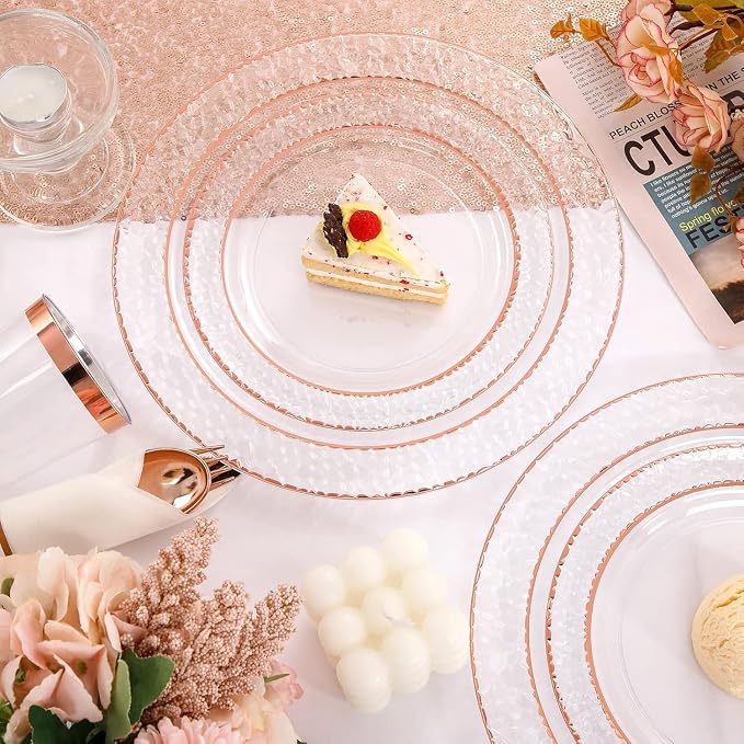 Liacere 350PCS Rose Gold Plastic Plates-Clear Rose Disposable Plates 50 Guests include 50 Dinner Plates,50 Salad Plates,50 Forks,50 Knives,50 Spoons,50 Cups,50 Napkins for Wedding & Party