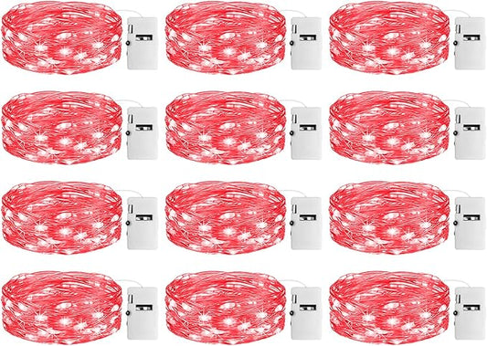 12 Pack Fairy Lights with Timer Battery Operated, 3 Modes 7ft Mini Twinkle Lights Waterproof, 20 LED Bulk String Light for Mason Jars Christmas Decoration Wedding Table Centerpieces,Red