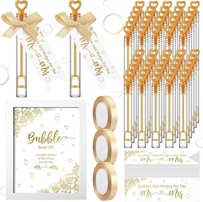 405 Pcs Wedding Send Off Bubble Ideas Set Include Heart Bubble Wands Gift Tags Cards Wood Photo Frame Ribbons Wedding Send Off Party Favors for Guests(Gold)