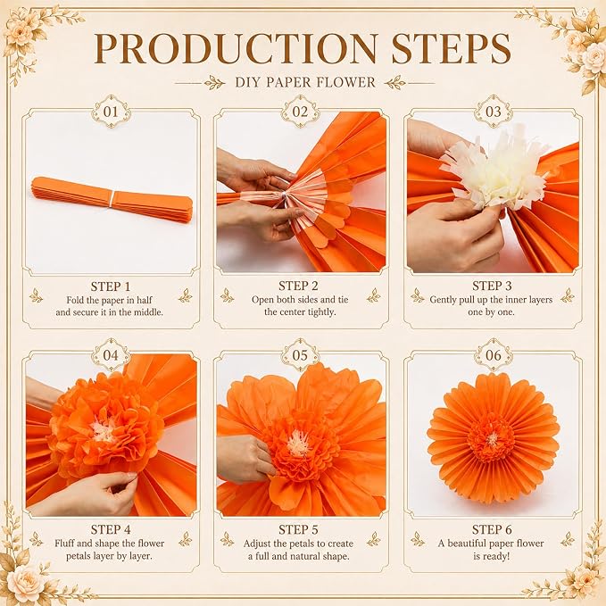 Giegxin 6 Pcs Giant Fall Paper Flowers Pumpkin Orange Sage Green Tissue Pom Poms Autumn Crepe Paper Flowers for Fall Wedding Baby Shower Birthday Boho Bridal Shower Backdrop Party Decorations