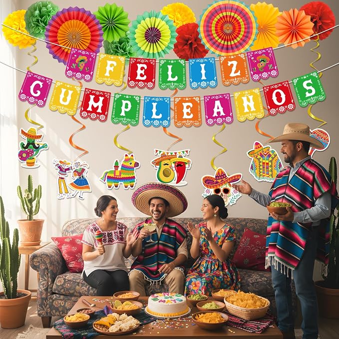Rakuto Feliz Cumpleaños Party Decoracion Set, 21PCS Mexican Birthday Party Decorations with Banners Hanging Swirls Paper Fans Paper Poms, Fiesta Themed Día De Los Muertos Cinco De Mayo Decor