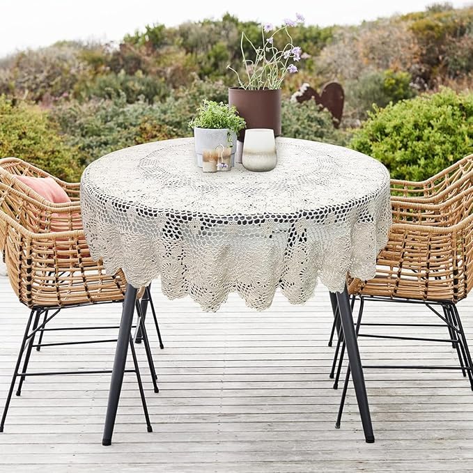 USTIDE Large Crochet Round Tablecloth Beige 90" Cotton Rustic Farmhouse Wedding Table Cloth Table Cover with Floral Lace Design, Handmade Decorative Overlay for Dining Room Kitchen