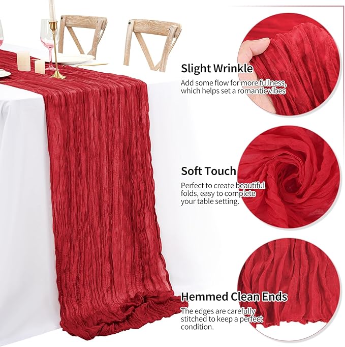 8 Pack 10Ft Cheesecloth Table Runner Red, 20 x 120 Inch Rustic Gauze Boho Cheese Cloth Wedding Long Table Runner for Wedding Party Bridal Shower Decoration