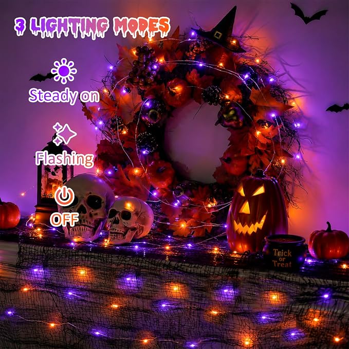 QITONG Orange and Purple Fairy Lights Battery Operated, 4 Pack Each 16ft 50 LED Halloween Lights Outdoor Waterproof, Silver Wire Christmas Twinkle Mini String Lights Indoor