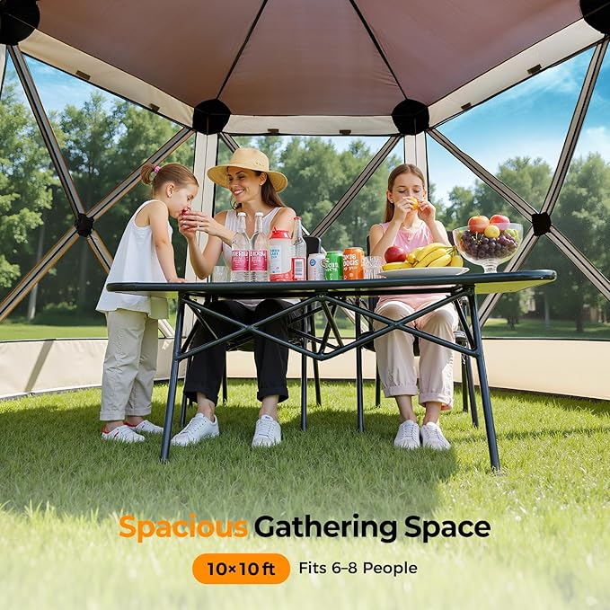 Tecoom 10x10ft 6-Sided Pop Up Gazebo Tent, Screen House with Mosquito Netting Canopy for Camping, Portable Sun Shelter Removable Siedwalls for Outdoor, Garden, Activities, Khaki