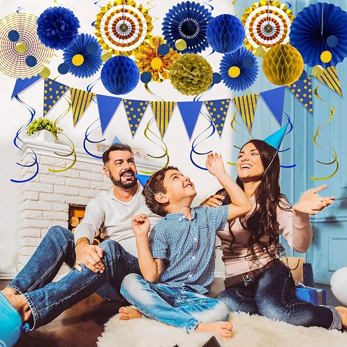 Blue Gold Party Decorations, Graduation Season Hanging Glitter Triangle Flags Banner Paper Fan Tissue Pom Poms Garlands, Boy Men Party, Bridal Shower, Navy Blue Themed Birthday