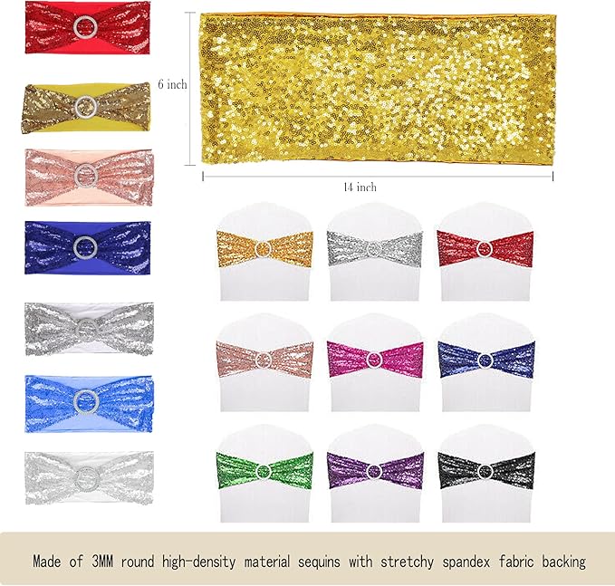 10 PCS Stretch Sequin Chair Sashes Chair Stretchy Spandex Bands for Wedding Reception Events Banquets Chairs Decoration (Pink)