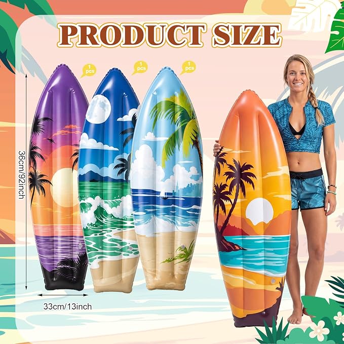 JellyArch 4 Pcs Summer Inflatable Surf Board 36 Inch Inflatable Luau Hawaiian Pool Party Decorations Beach Sunset Blow up Palm Tree Tropical Surfboard for Wall Beach Party Birthday Decoration