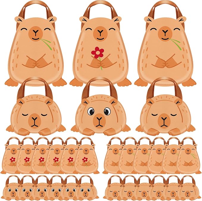 Locmeo 24 Pcs Capybara Party Favors Bags 10 Inch Capybara Birthday Gift Bags Bulk Nonwoven Reusable Tote Bag with Handle for Goodie Snack Treat Cute Capybaras Party Supplies Birthday Decoration