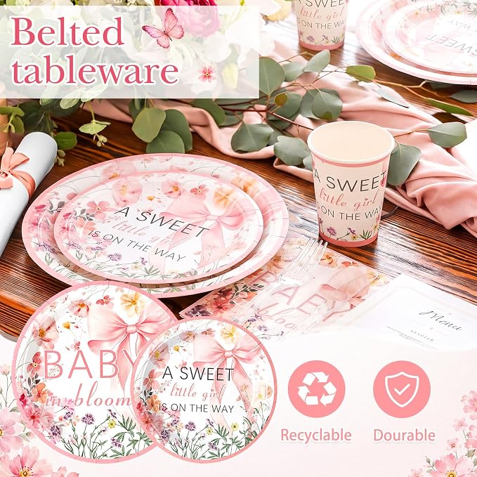 FillTouch 350 Pcs Baby in Bloom Baby Shower Party Plates Napkins a Sweet Is on The Way Paper Cups with Clear Knives Fork Spoon for Pink Bow Flower Disposable Birthday Tableware for 50 Guests