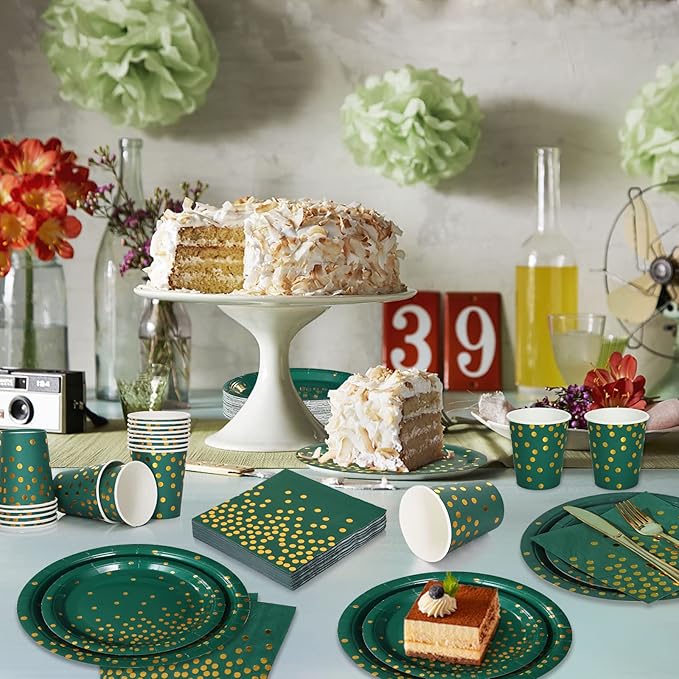 Green and Gold Party Decorations, 200Pcs Emerald Green Plates and Napkins Party Supplies, Birthday Plates for Fathers Day Graduation Decorations