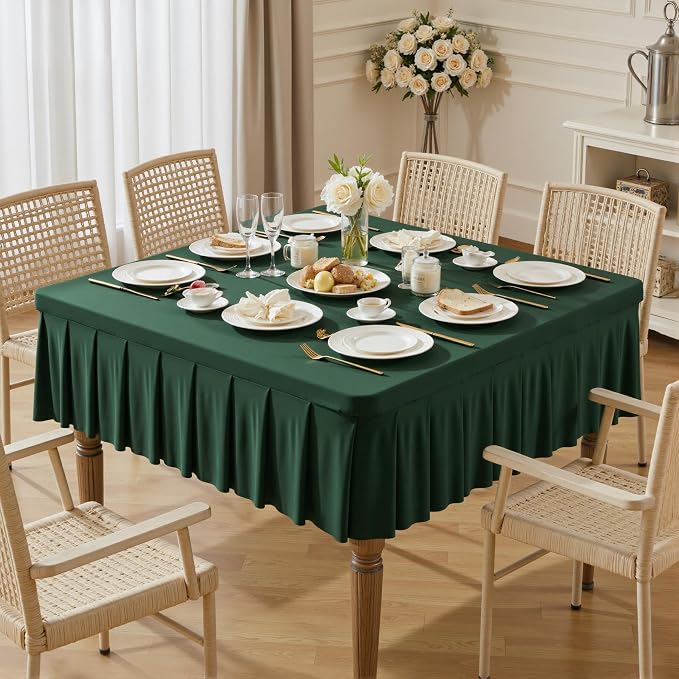 Wish Care Hunter Green Spandex Tablecloths for 54x54 Inch Square Tables, Stretch Fitted Table Clothes with Pleated Ruffle Skirt for 54” Table, Wrinkle Free and Elastic, for Party Kitchen Home Dining