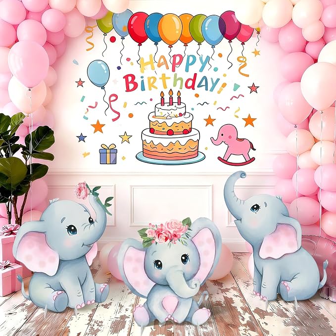 3Pcs Pink Elephant Baby Shower Decorations with Stakes & Stands, Waterproof Large Baby Elephant Cardboard Cutouts Standup Cartoon Birthday Party Indoor Outdoor Decor for Photo Booth Props