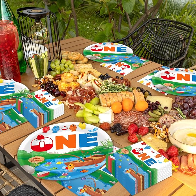 50 GuestsGone Fishing Plates and Napkins Party Supplies Ofishally One Birthday Party Decorations Disposable Tableware Set The Big One Dinnerware Favor for Kids Boys Girls, 200PCS