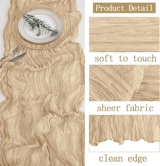 16 Pack Beige Cheesecloth Table Runner 20 x 120 inch Gauze Table Runners 10 FT Long,Semi Sheer Boho Cheese Cloth Fabric Table Runner Bulk for Party,Wedding,Baby Shower,Bridal Shower Decoration