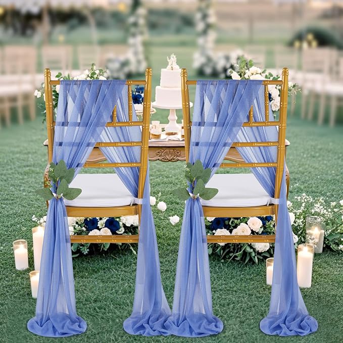 QueenDream Dusty Blue Chair Sashes Decorations: 16 Packs Wedding Aisle Draping Fabric Wedding AisleSheer Church Chair Cover Bulk for Baby Shower Party Banquet