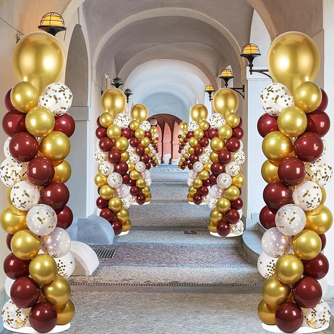 2 Sets Red and Gold Balloon Column Stand Kit with 100 Balloons Adjustable Balloon Tower Stand with Bases for Floor Confetti Balloon Column Kit for Bridal Graduation Birthday Appreciation Party Decor