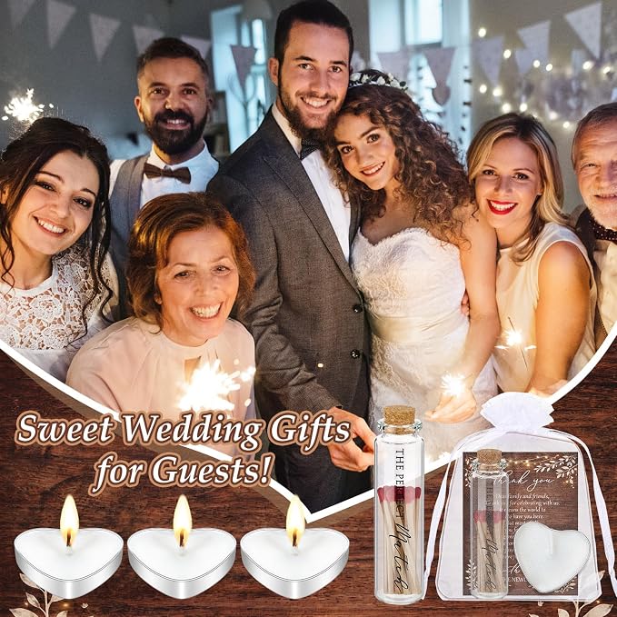 50 Sets Wedding Party Favors for Guests Bulk Including Heart Shaped Candles and Empty Matches Jars with Cork Top Thank You Cards and Organza Bags for Wedding Bridal Shower Party (String Lights)