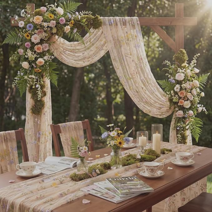 Champagne Floral Table Runner 10ft Embroidery Tulle Spring Wildflower Gauze Table Runner Seasonal Summer Butterfly Kitchen Dining Decoration for Wedding Baby Shower Birthday Party (6 Pcs)