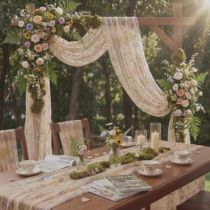 Champagne Floral Table Runner 10ft Embroidery Tulle Spring Wildflower Table Runner Seasonal Summer Butterfly Kitchen Dining Gauze Decoration for Wedding Baby Shower Birthday Party (3 Pcs)