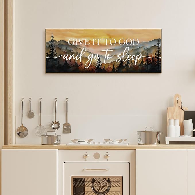TLESKE Give It to God and Go to Sleep Sign Large Wall Art Decor 15x40 | Fall Mountain Landscape Canvas Wall Art Framed Print for Bedroom Living Room, Forest Sunset Wall Artwork Picture