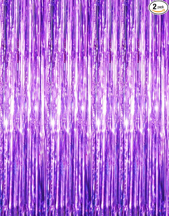 GOER 6.4 ft x 8.2 ft Metallic Tinsel Foil Fringe Curtains,Pack of 2 Party Streamer Backdrop for Halloween Birthday,Graduation and New Year Eve Party Decorations (Purple)
