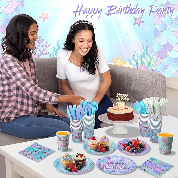 450 Pcs Mermaid Birthday Party Tableware Set Decorations Mermaids Paper Plates Napkins Cups Cutlery Straws for Girls Ocean Under the Sea Themed Birthday Party Supplies, Serves 50