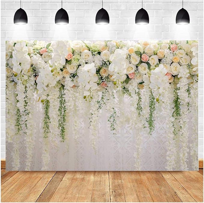 White Rose Floral Theme Photography Backdrops Bridal Shower Wedding Flowers Photo Background Baby Girl Birthday Party Portrait Dessert Cake Table Decor Photo Booth Studio Props 7x5ft