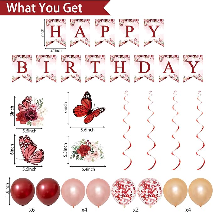 Trgowaul Birthday Decorations Party Set for Women, Rose Gold Flower Peony Banner Photography Backdrop, Hanging Swirls, Sash and Tiara, Floral Theme Birthday Party Supplies