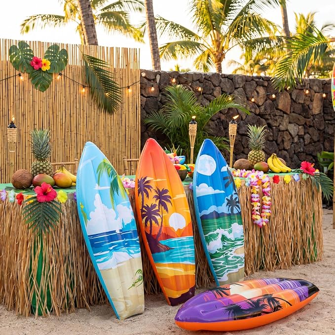 JellyArch 4 Pcs Summer Inflatable Surf Board 36 Inch Inflatable Luau Hawaiian Pool Party Decorations Beach Sunset Blow up Palm Tree Tropical Surfboard for Wall Beach Party Birthday Decoration