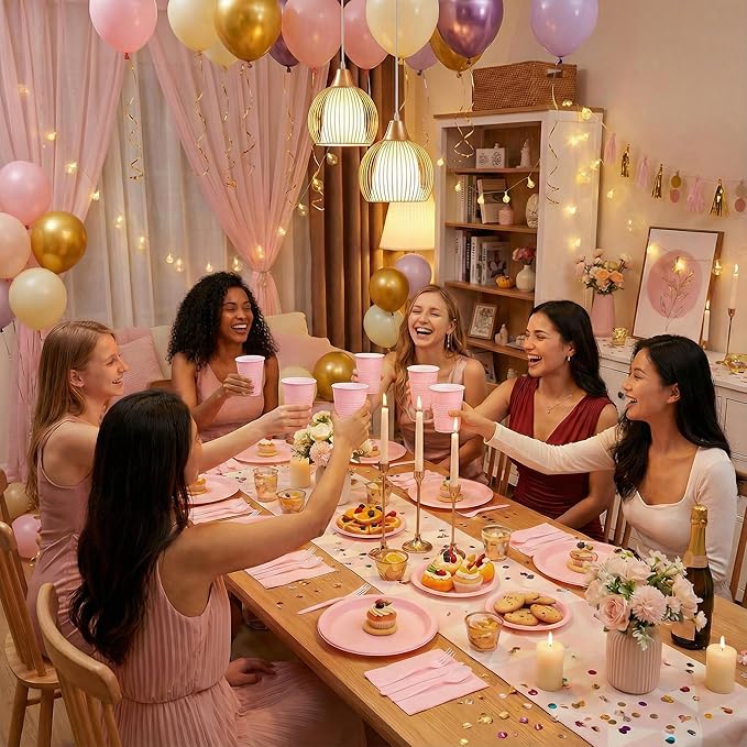 WELLIFE 210 PCS Pink Plastic Plates for 30 Guests - Disposable Dinnerware Set Including Dinner Plates, Dessert Plates, 12oz Cups, Cutlery & Napkins, Pink Party Plates