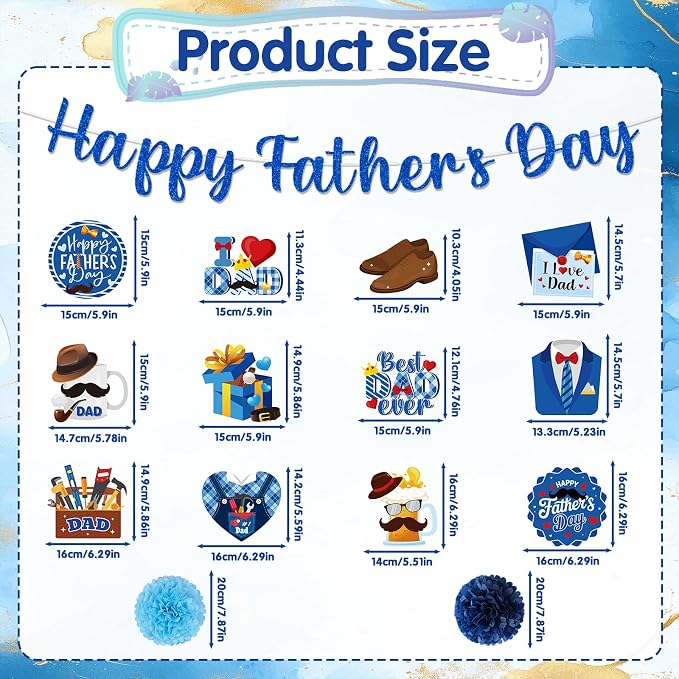 Fathers Day Party Decorations - 19PCS Happy Fathers Day Banners Hanging Swirls Honeycomb Centerpieces Pompoms Party Decor, I Love My Dad Father's Day Holiday Supplies