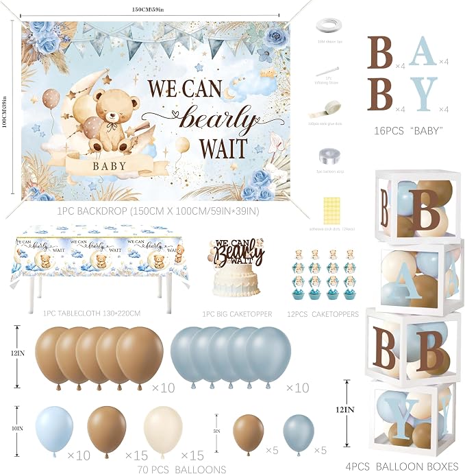 Teddy Bear Baby Shower Decorations for Boy - We Can Bearly Wait Party Supplies Include Balloon Garland Arch, Backdrop, Tablecloth, 4 Boxes, Cake Toppers - Blue Brown Boho Theme