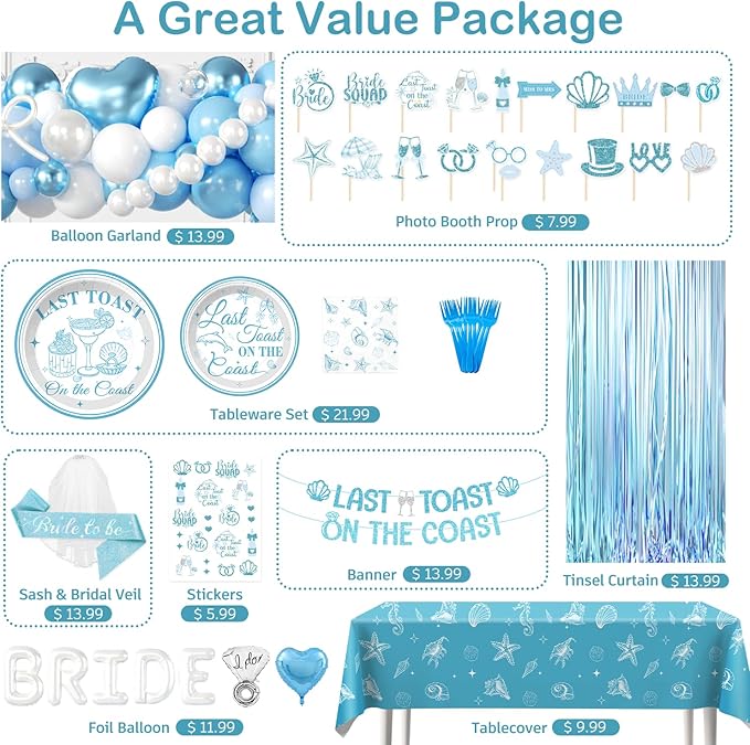 231pcs Last Toast on The Coast Bachelorette Decorations-Serves 25, All-in-one Beach Bachelorette Party Decorations With 350gsm Plate, Tablecloth, Balloons, Banner, Foil Curtain Backdrop, Sash, Veil
